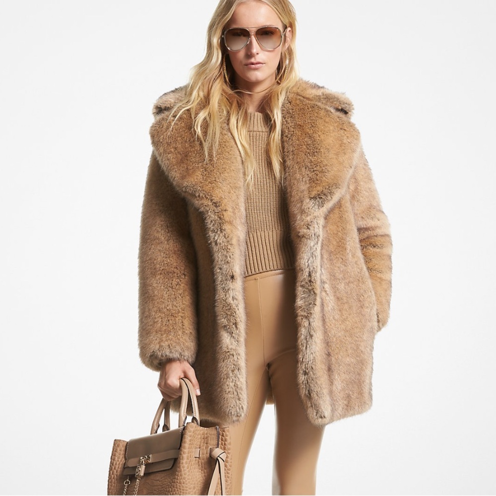 Michael Kors Tan Faux Fur Coat